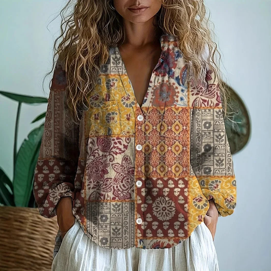 Sylvane | Nature Print Split V-Neck Blouse