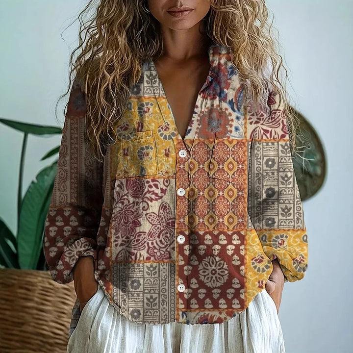 Sylvane | Nature Print Split V-Neck Blouse