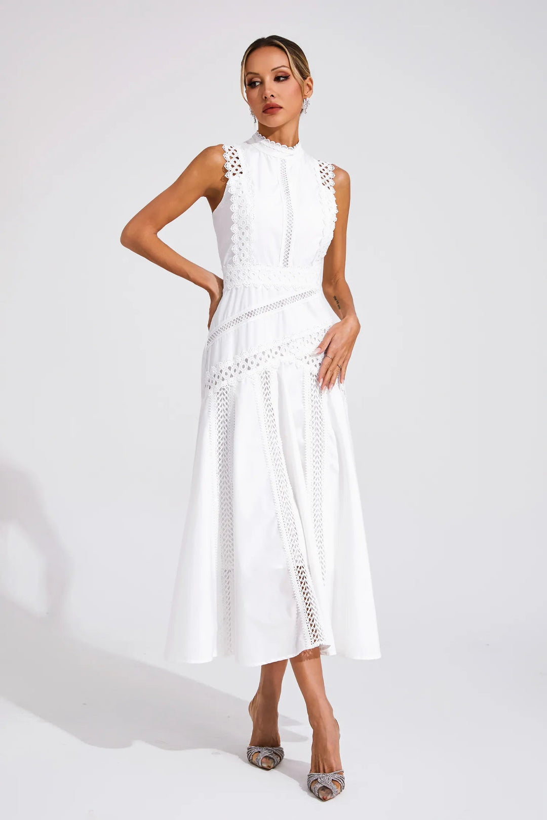 Elena | Women’s Sleeveless Lace Midi Wedding Guest Dress