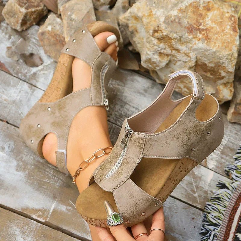 Nora | Women’s Orthopedic Cork Wedge Open Toe Zip Front Sandals