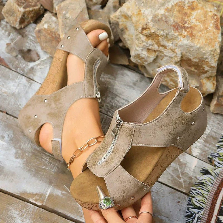 Nora | Women’s Orthopedic Cork Wedge Open Toe Zip Front Sandals