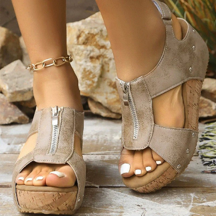 Nora | Women’s Orthopedic Cork Wedge Open Toe Zip Front Sandals