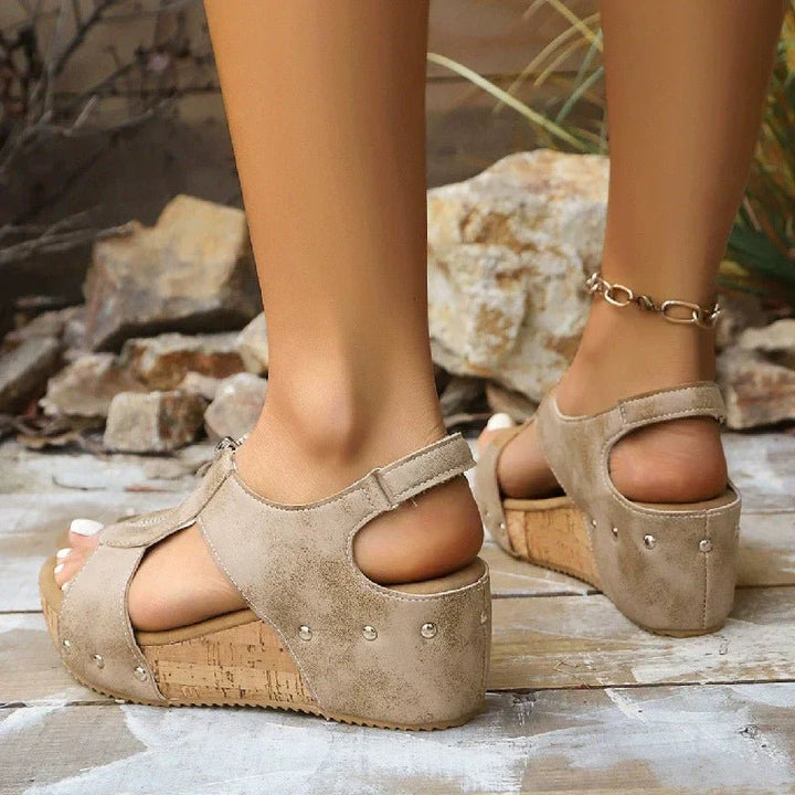 Nora | Women’s Orthopedic Cork Wedge Open Toe Zip Front Sandals