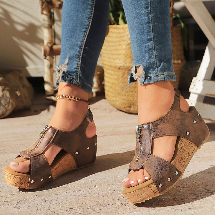 Nora | Women’s Orthopedic Cork Wedge Open Toe Zip Front Sandals