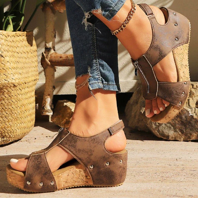 Nora | Women’s Orthopedic Cork Wedge Open Toe Zip Front Sandals