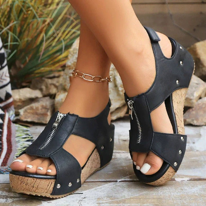 Nora | Women’s Orthopedic Cork Wedge Open Toe Zip Front Sandals