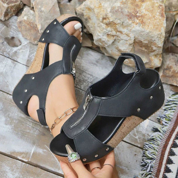 Nora | Women’s Orthopedic Cork Wedge Open Toe Zip Front Sandals